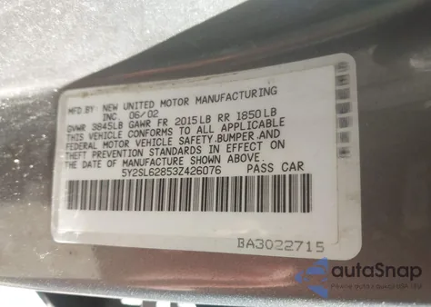 2003 Pontiac Vibe из США, поврежденный, VIN 5Y2SL62853Z426076